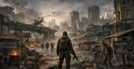 Survivor overlooking a ruined city street with a Welcome to Hell sign