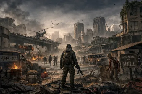 Survivor overlooking a ruined city street with a Welcome to Hell sign