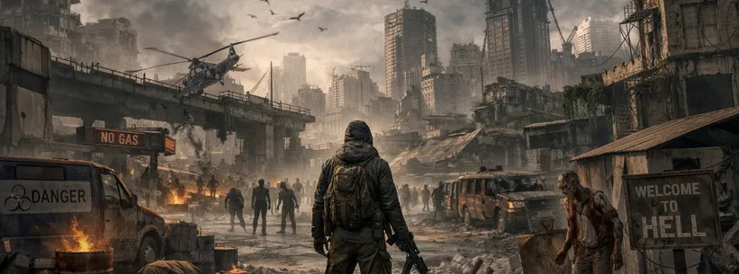 Survivor overlooking a ruined city street with a Welcome to Hell sign