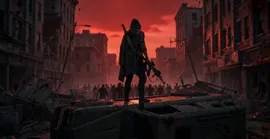 Survivor on an overturned van facing a zombie horde under a red sky