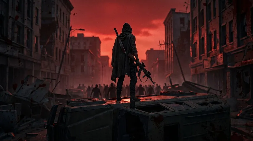 Survivor on an overturned van facing a zombie horde under a red sky