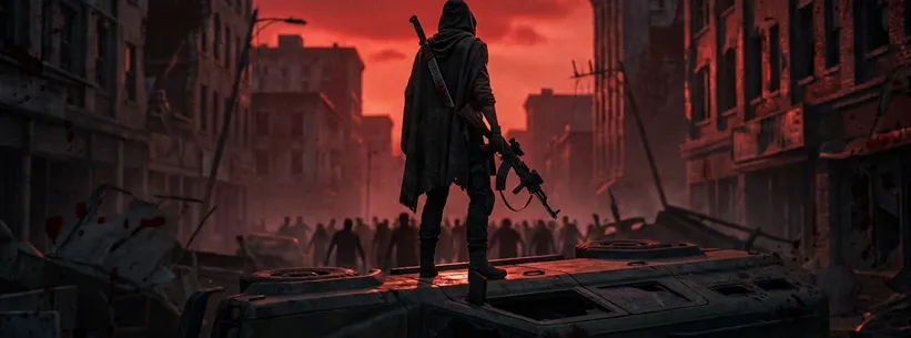 Survivor on an overturned van facing a zombie horde under a red sky