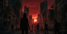 Survivor with a crowbar facing infected on a red-lit ruined avenue