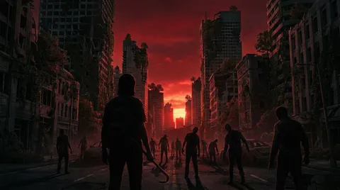Survivor with a crowbar facing infected on a red-lit ruined avenue