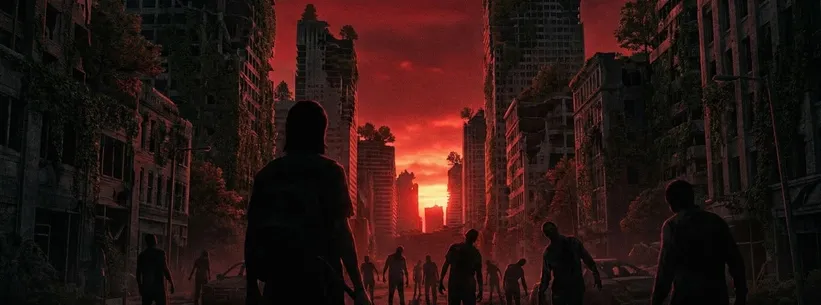 Survivor with a crowbar facing infected on a red-lit ruined avenue