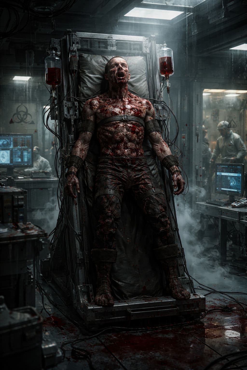 Post apocalyptic survivor in gas mask standing in ruins